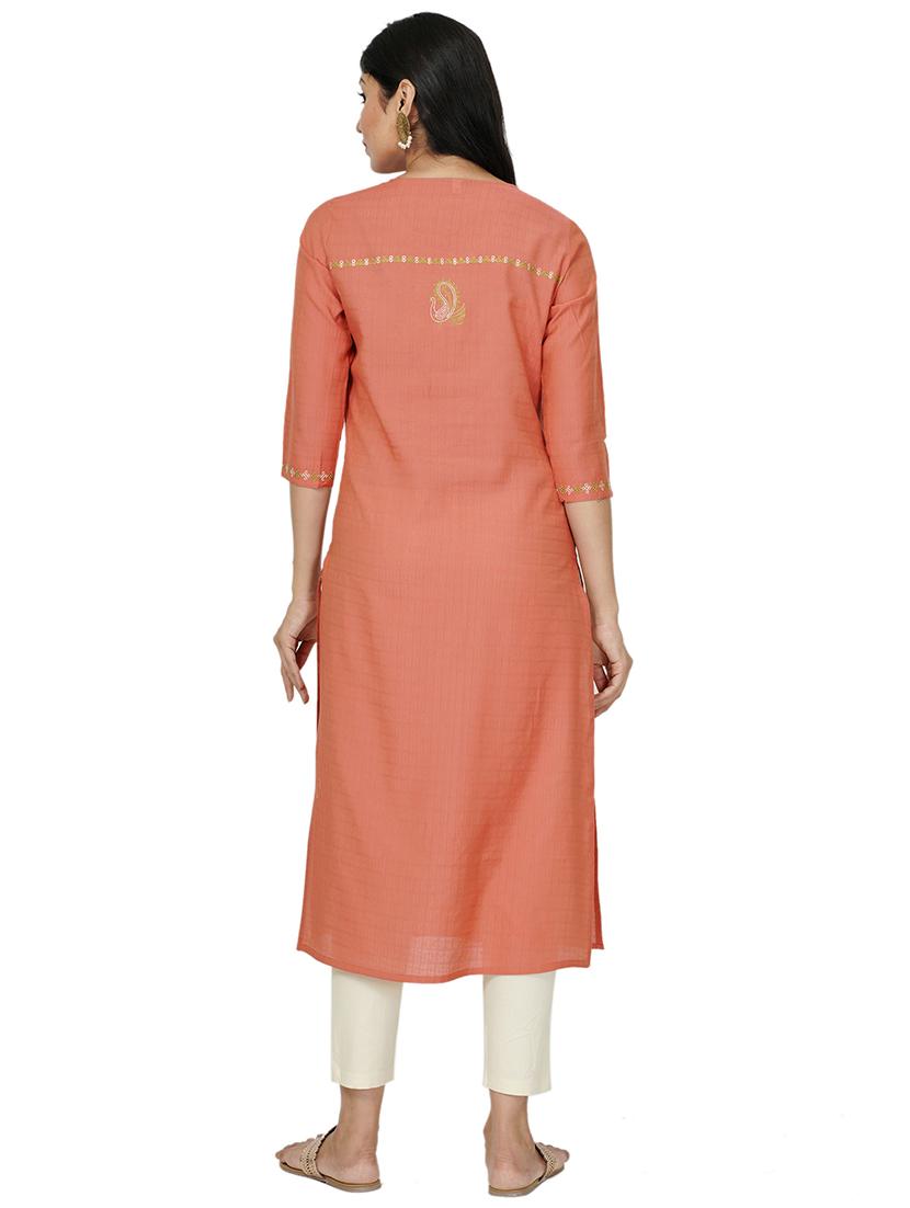 peach cotton straight kurta - 17467005 - Standard Image - 2