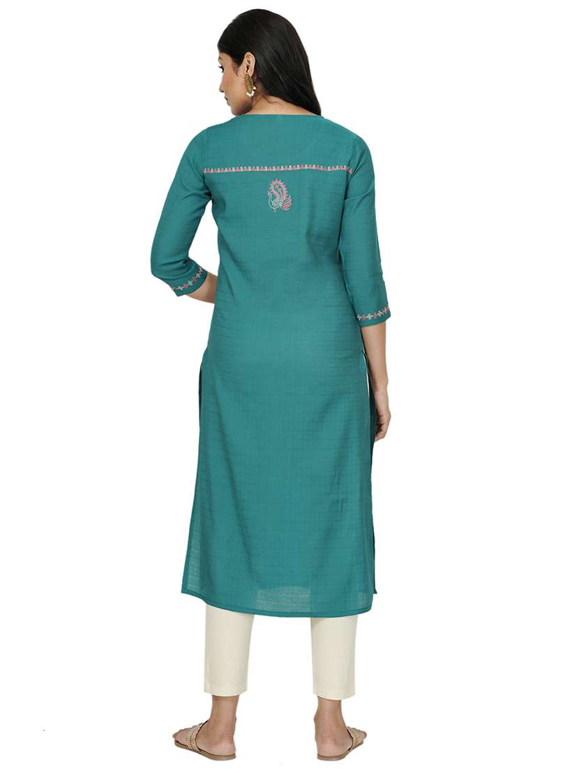 teal cotton straight kurta - 17467006 -  Standard Image - 2