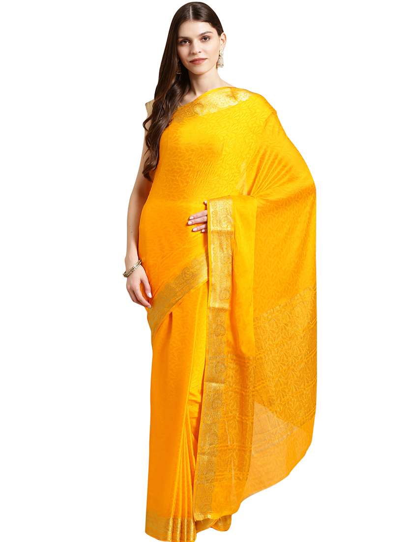women's self design gold colored saree with blouse