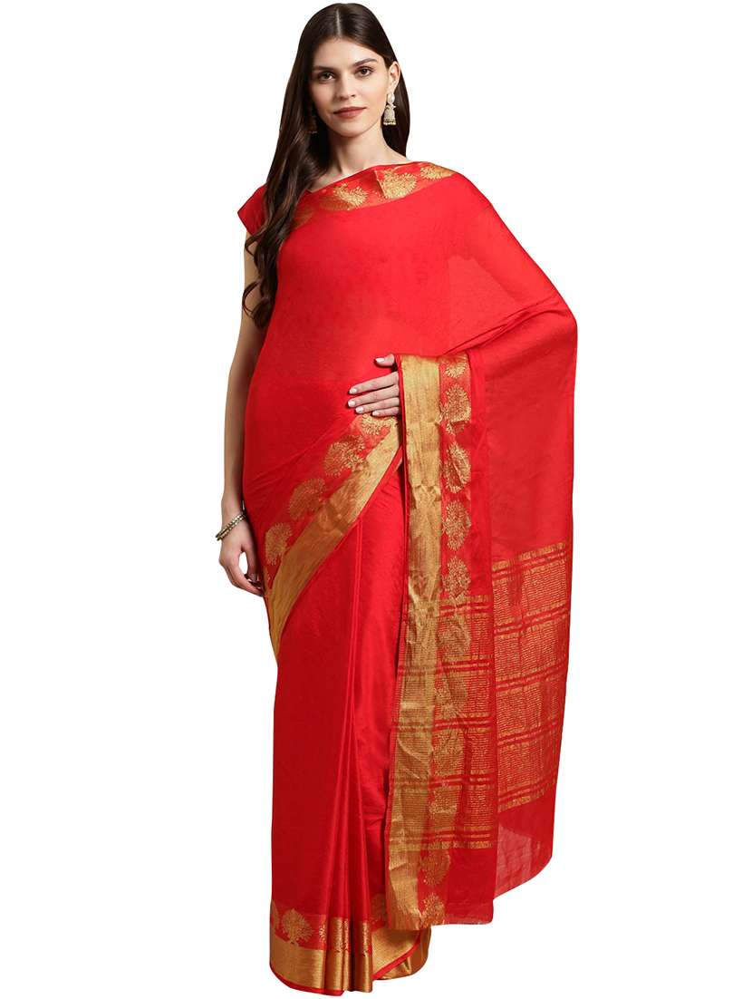women's self design red colored saree with blouse