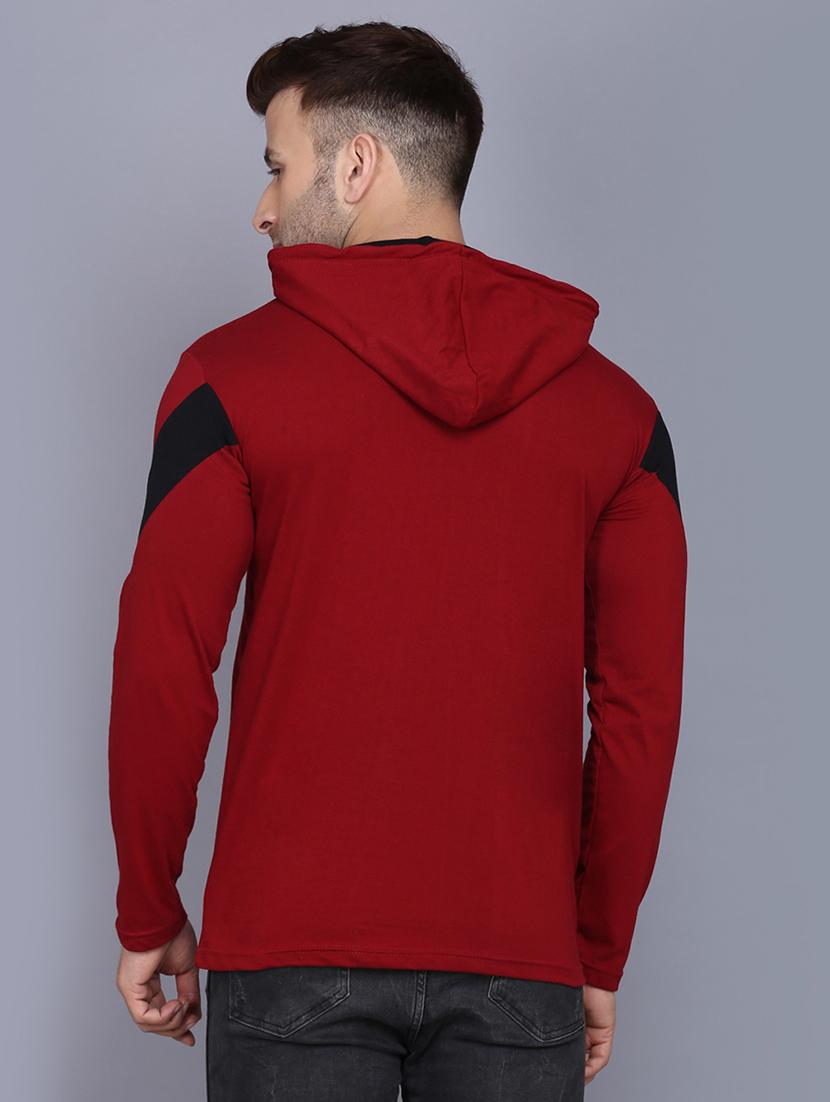 maroon color block cut & sew hooded t-shirt - 17468568 - Standard Image - 2