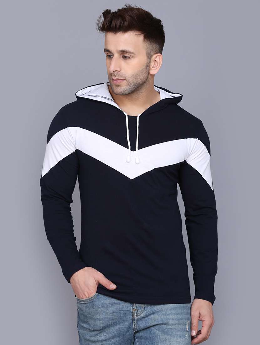 navy blue color block cut & sew hooded t-shirt