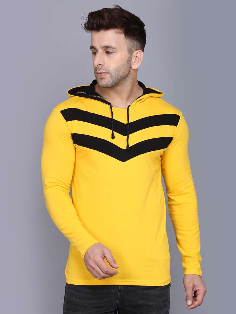 yellow color block cut & sew hooded t-shirt