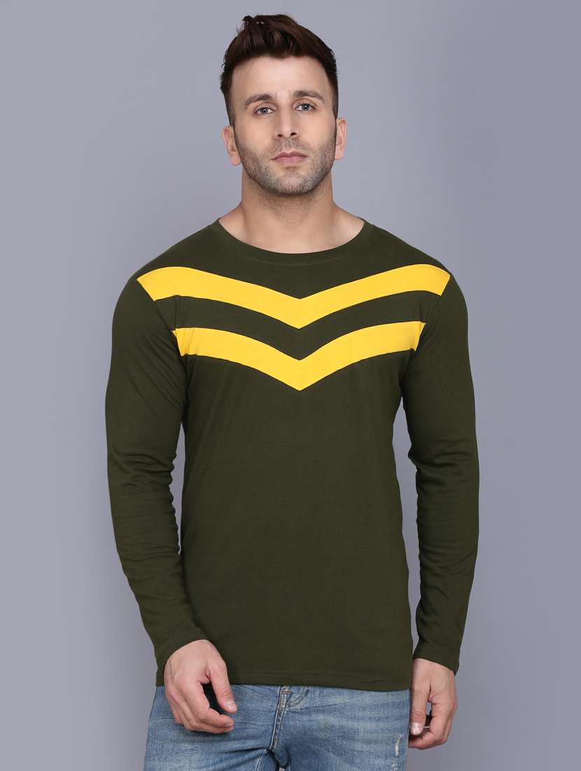 olive green color block cut & sew t-shirt