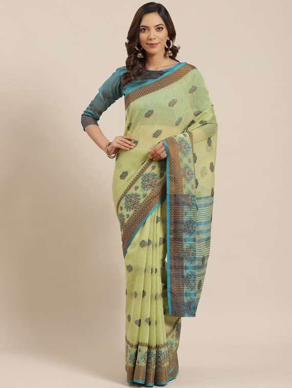 women's printed light green colored saree with blouse