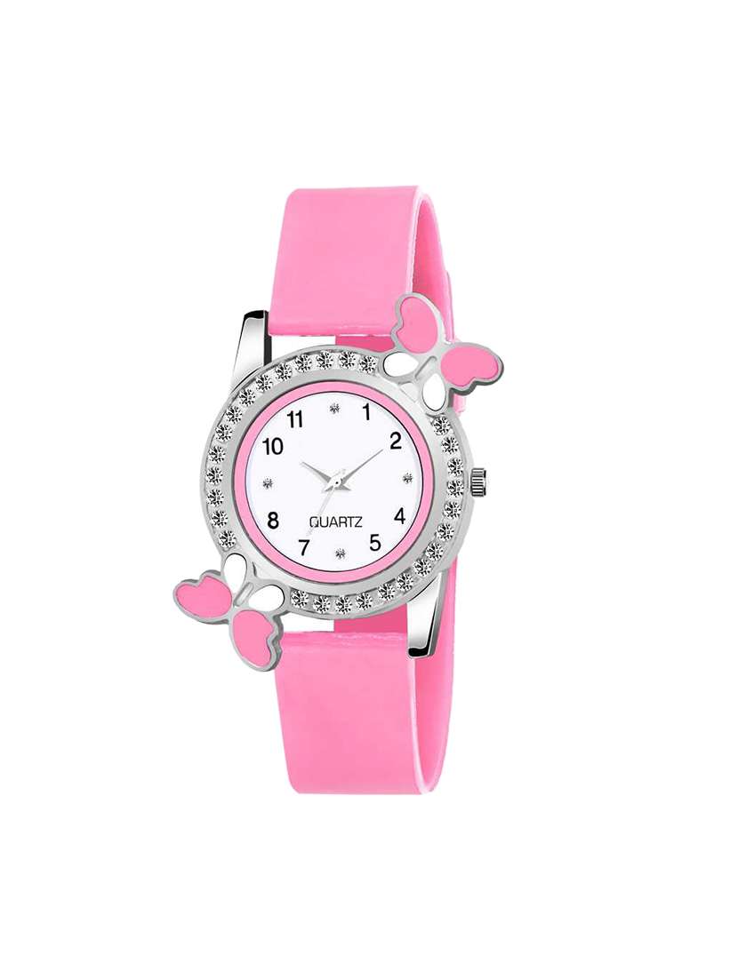  pink diamond studded attractive butterfly stylish women watch 