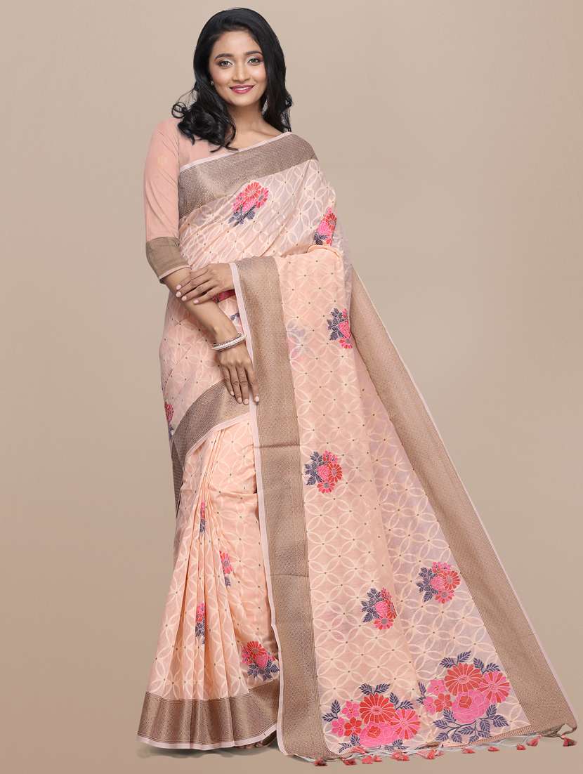 peach linen chanderi saree with blouse