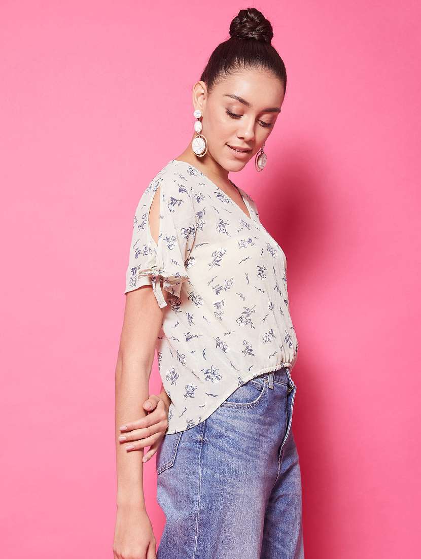 Women Printed Overlap Neck High Low Top