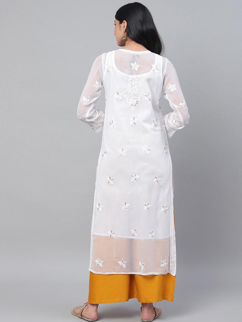 ada hand embroidered white chikankari kurta with gota patti work & matching slip - 17484774 -  Standard Image - 2