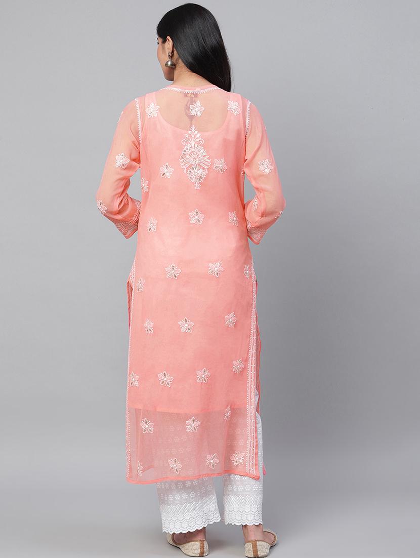 ada hand embroidered peach chikankari kurta with gota patti work & matching slip - 17484778 -  Standard Image - 2