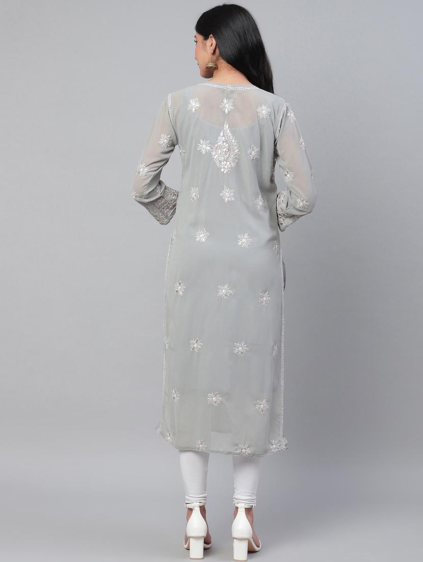 ada hand embroidered grey chikankari kurta with gota patti work & matching slip - 17484779 - Standard Image - 2