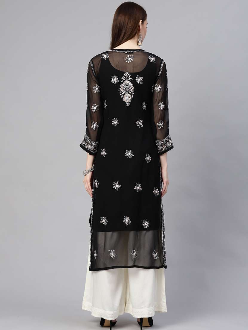 ada hand embroidered black chikankari kurta with gota patti work & matching slip - 17484780 -  Standard Image - 2