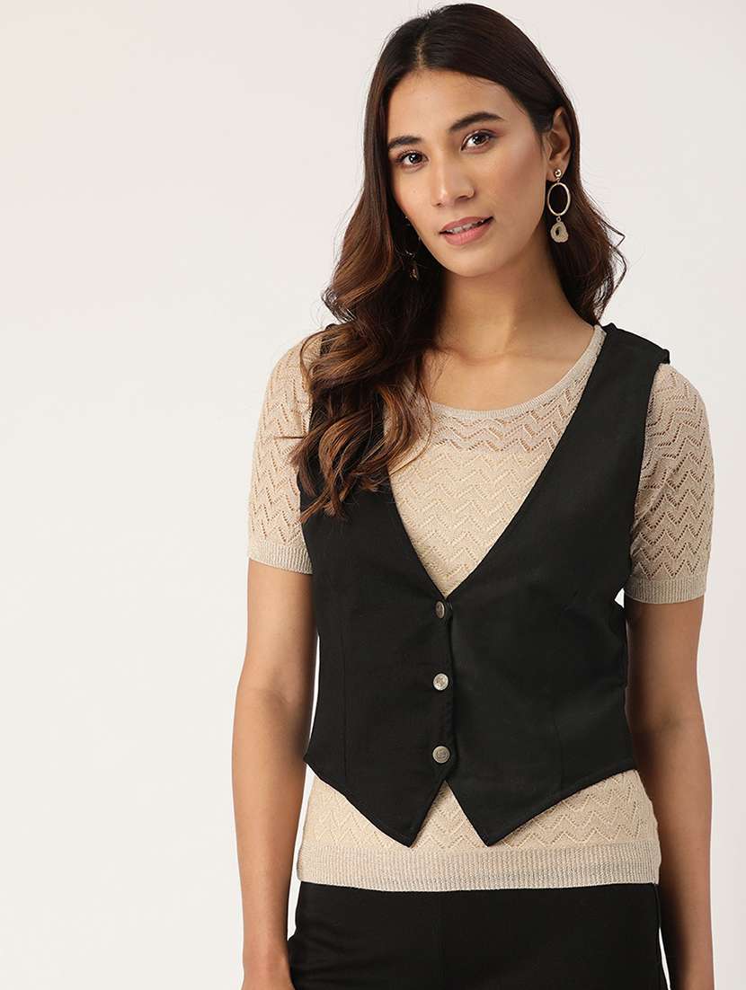 women solids v-neck waist coat