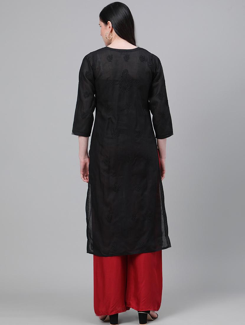 ada hand embroidered black cotton lucknow chikankari kurta - 17493039 - Standard Image - 2