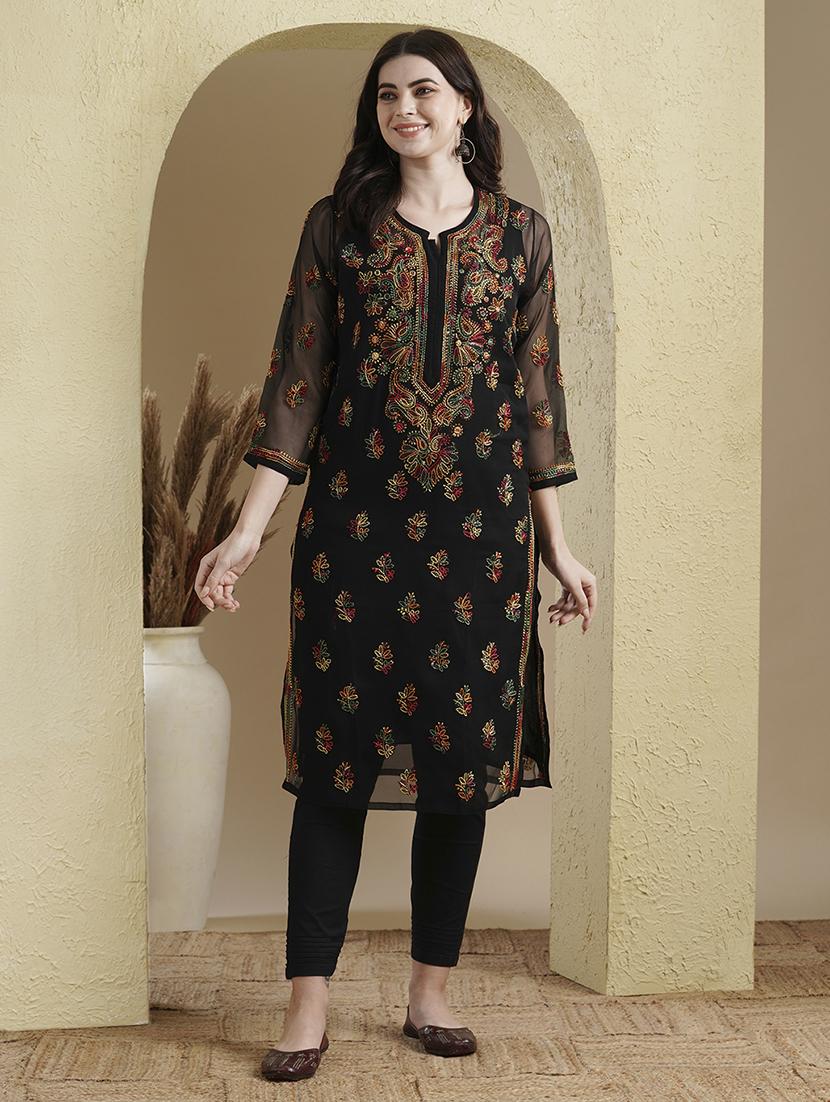 ada hand-embroidered black georgette chikankari straight  kurta