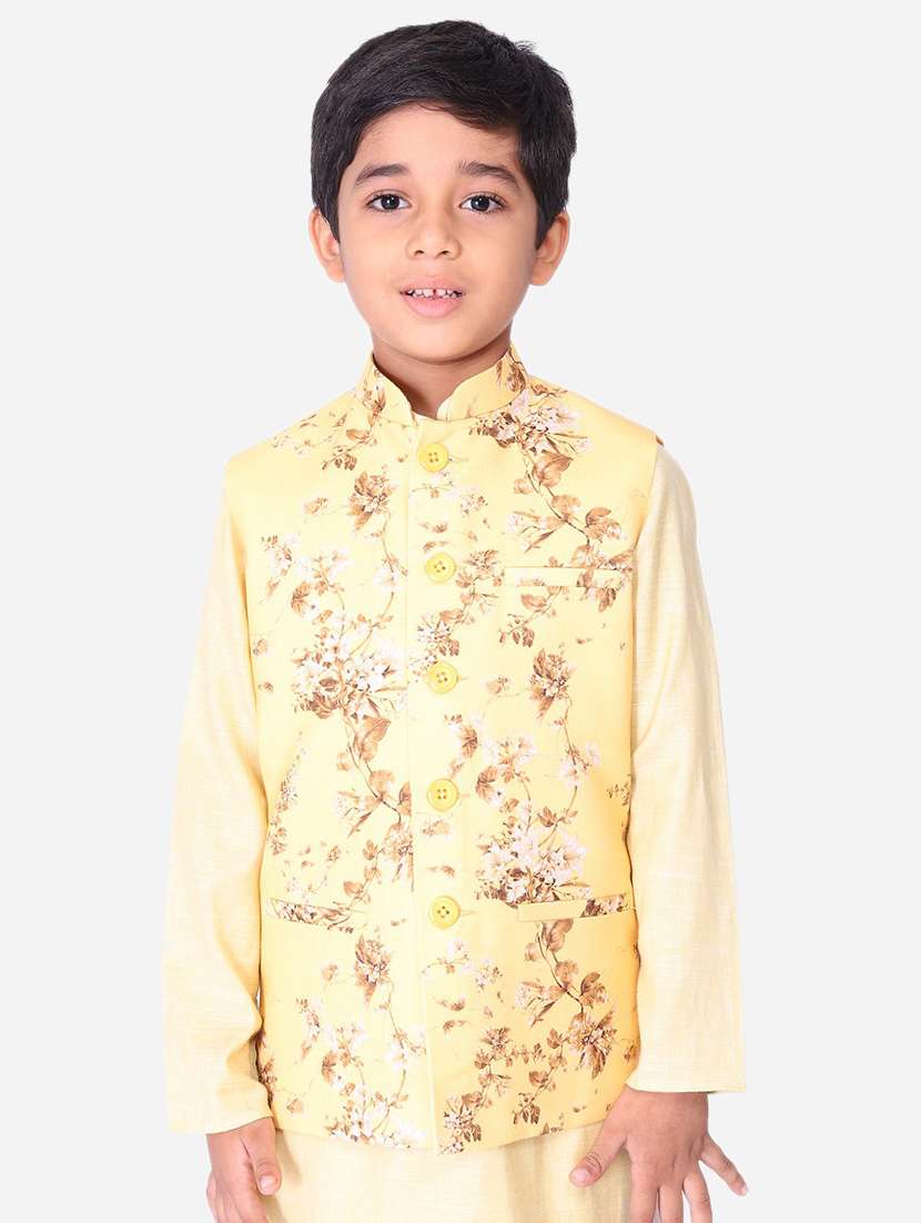 yellow cotton blend nehru jacket