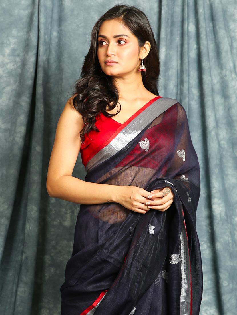 navy linen saree with blouse - 17494846 - Standard Image - 2