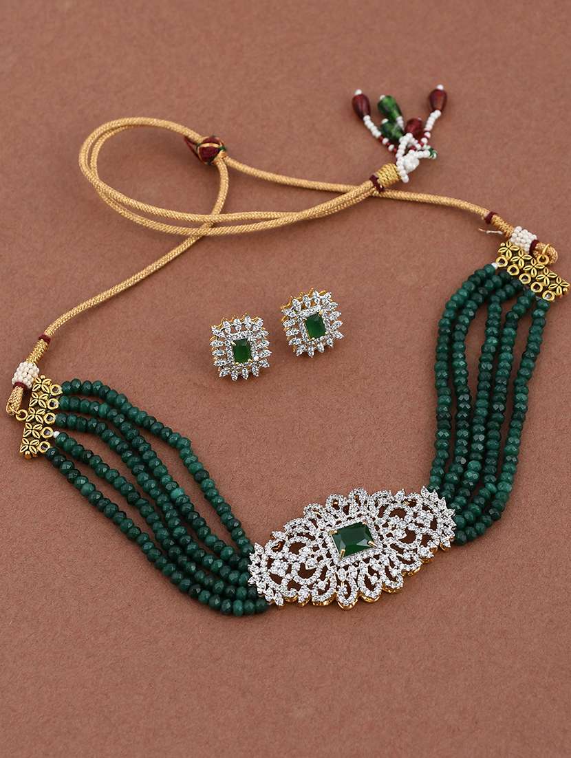 multi layered green brass choker necklaces with earring