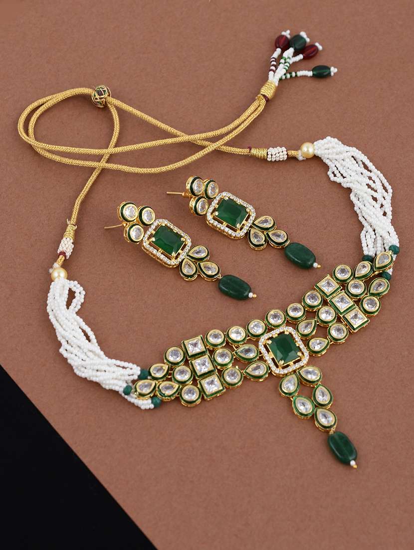 green tone brass choker necklace with earing