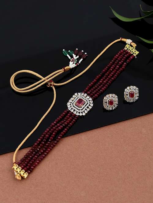multi layered maroon brass choker necklaces with earring - 17498482 - Standard Image - 0