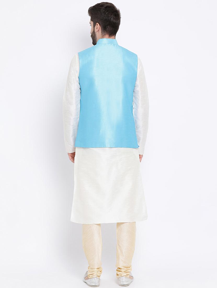 cream dupion kurta pyjama set with blue solid nehru jacket - 17499021 - Standard Image - 2