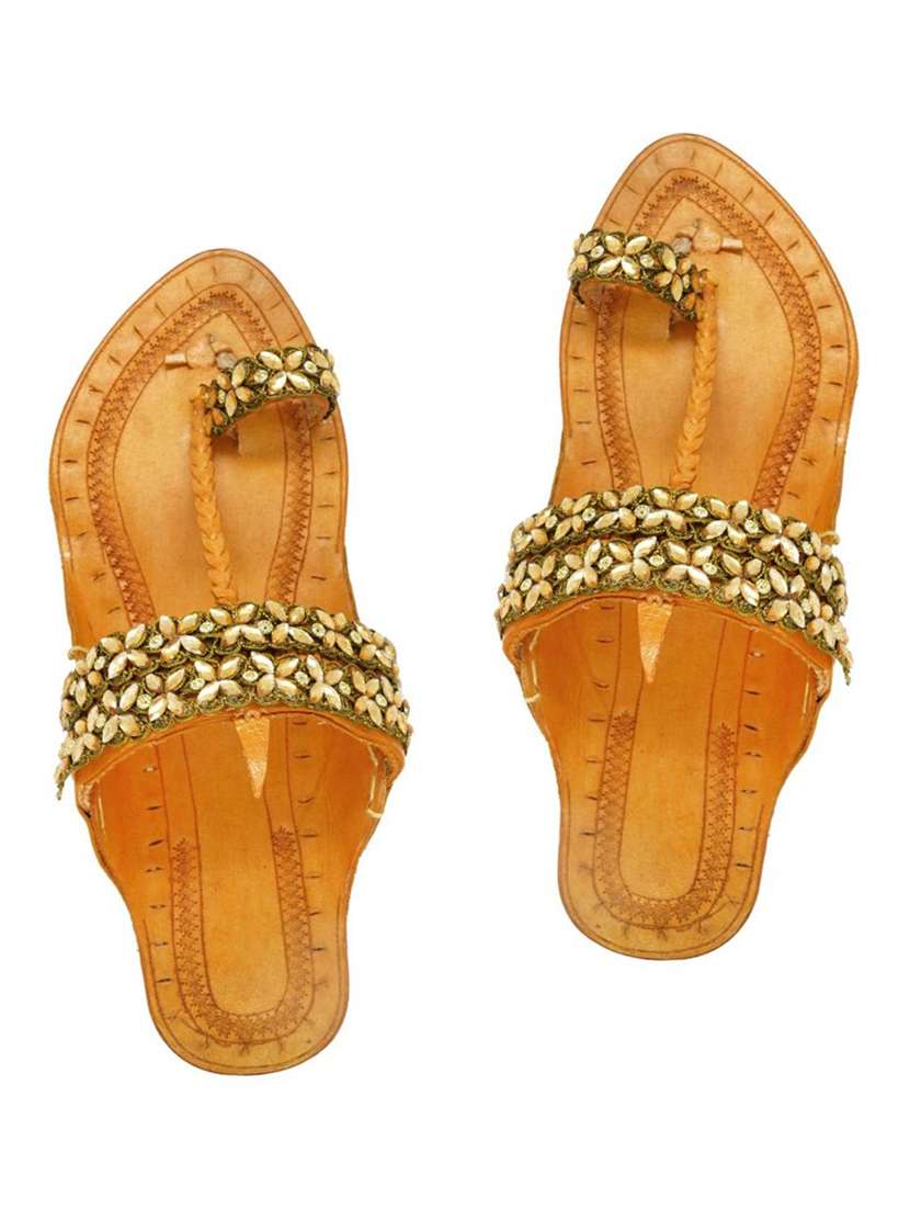 gold leather slip on kolhapuris
