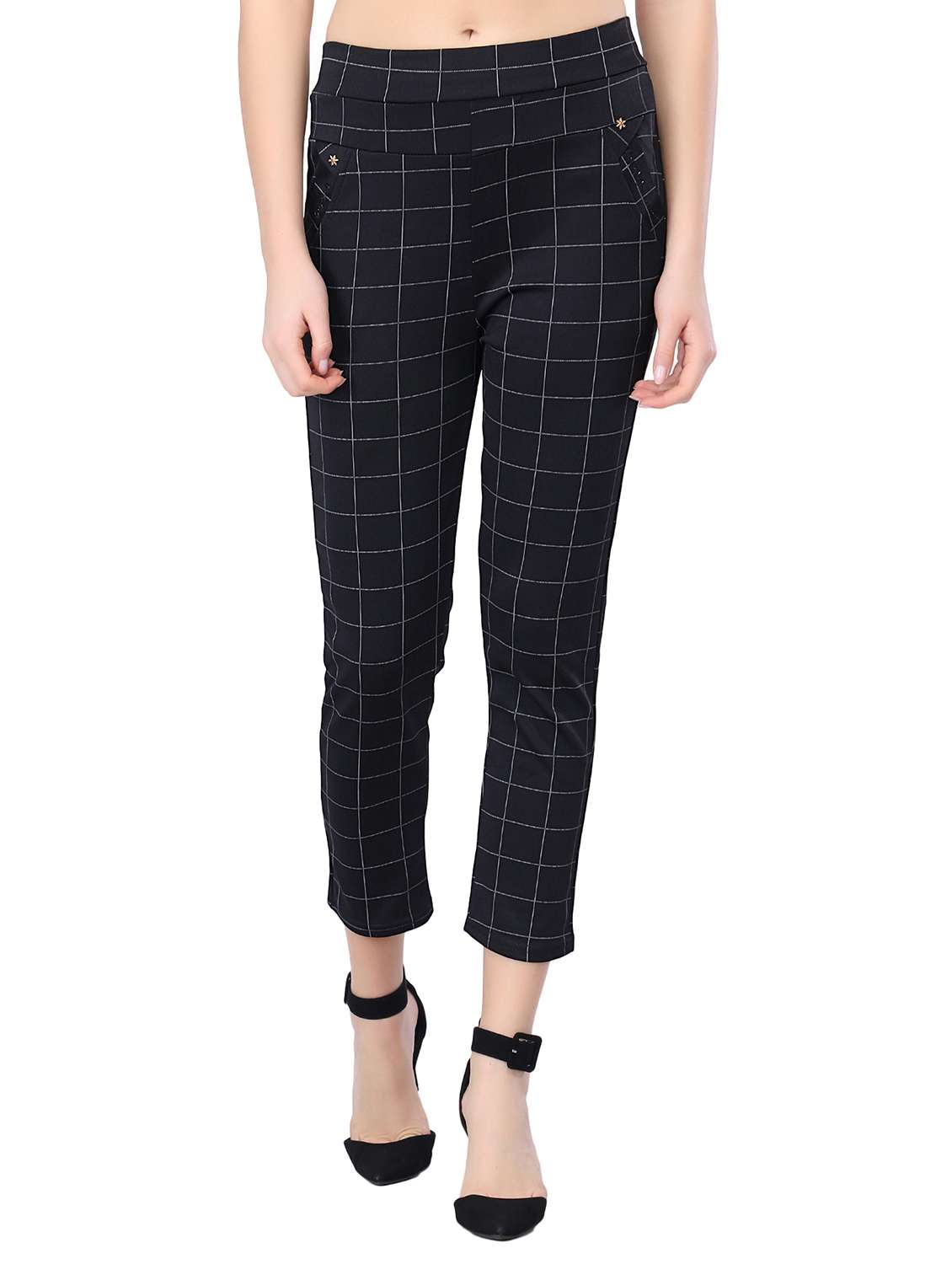 high rise checked flat front trousers 