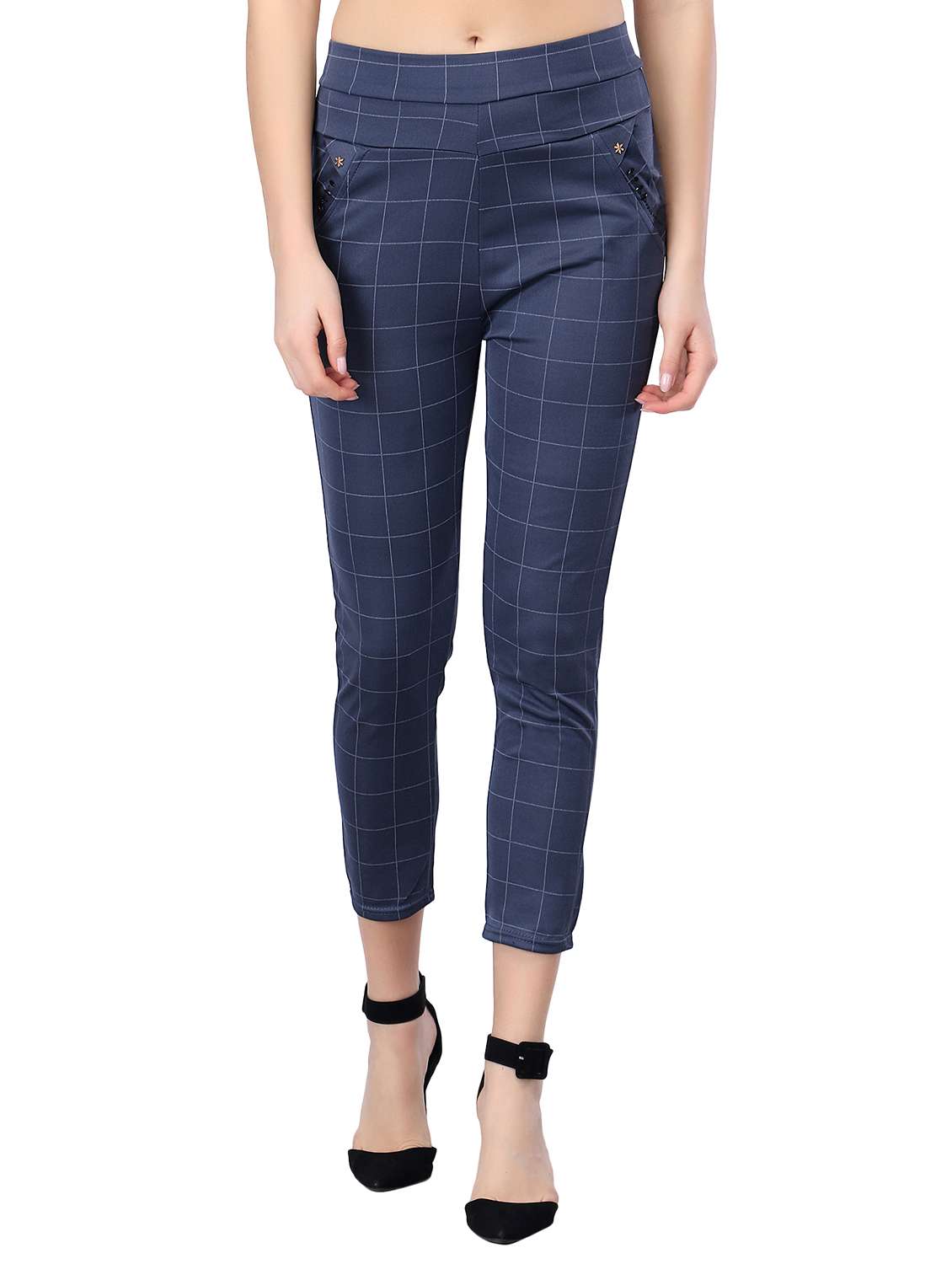 high rise checked flat front trousers 