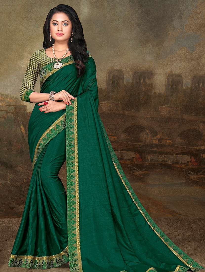 women's bordered royal blue colored saree with blouse