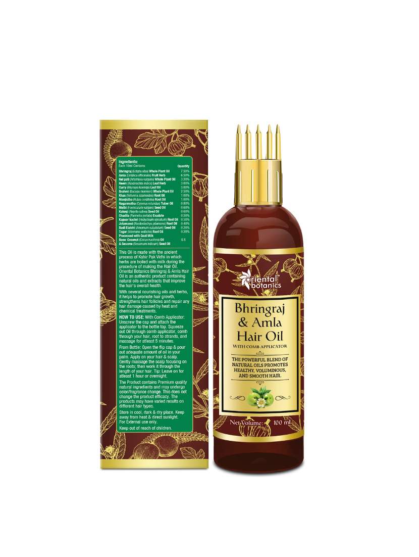 Oriental Botanics Bhringraj & Amla Hair Oil With Comb Applicator, 100ml   Promotes Healthy, Voluminous & Smooth Hair