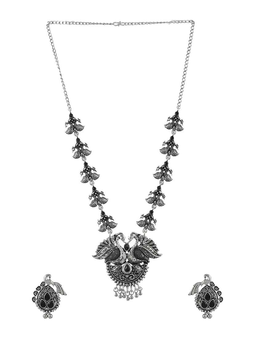  silver tone brass long necklace with earrings