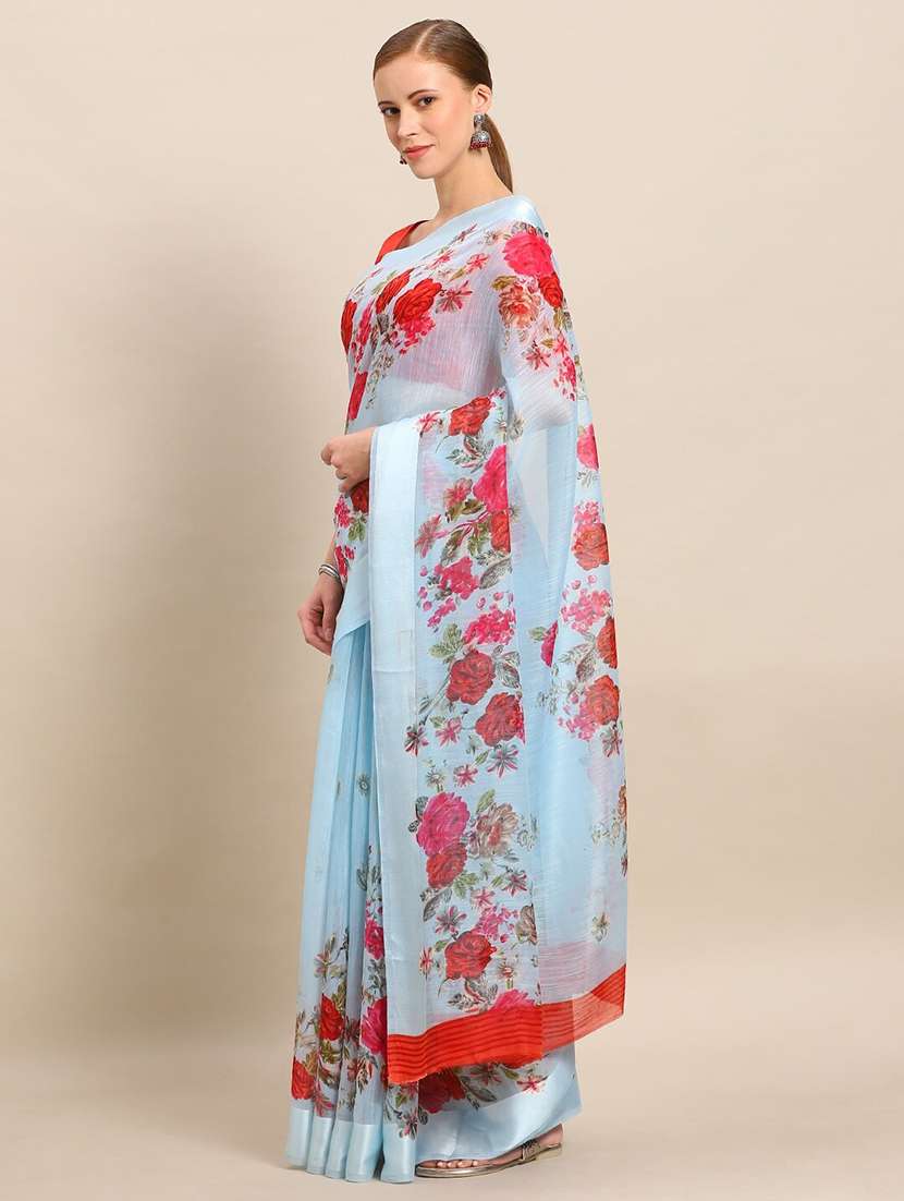 women's floral light blue colored saree with blouse