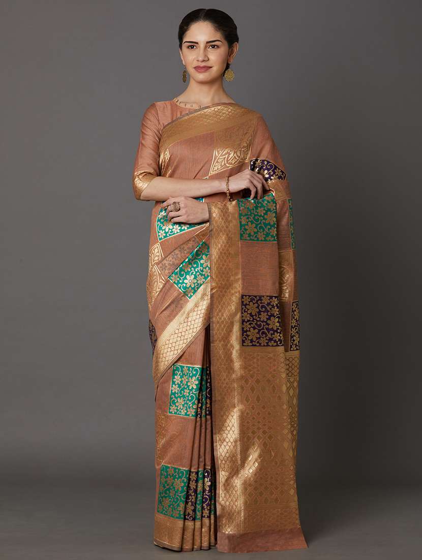 women's foil print khaki colored saree