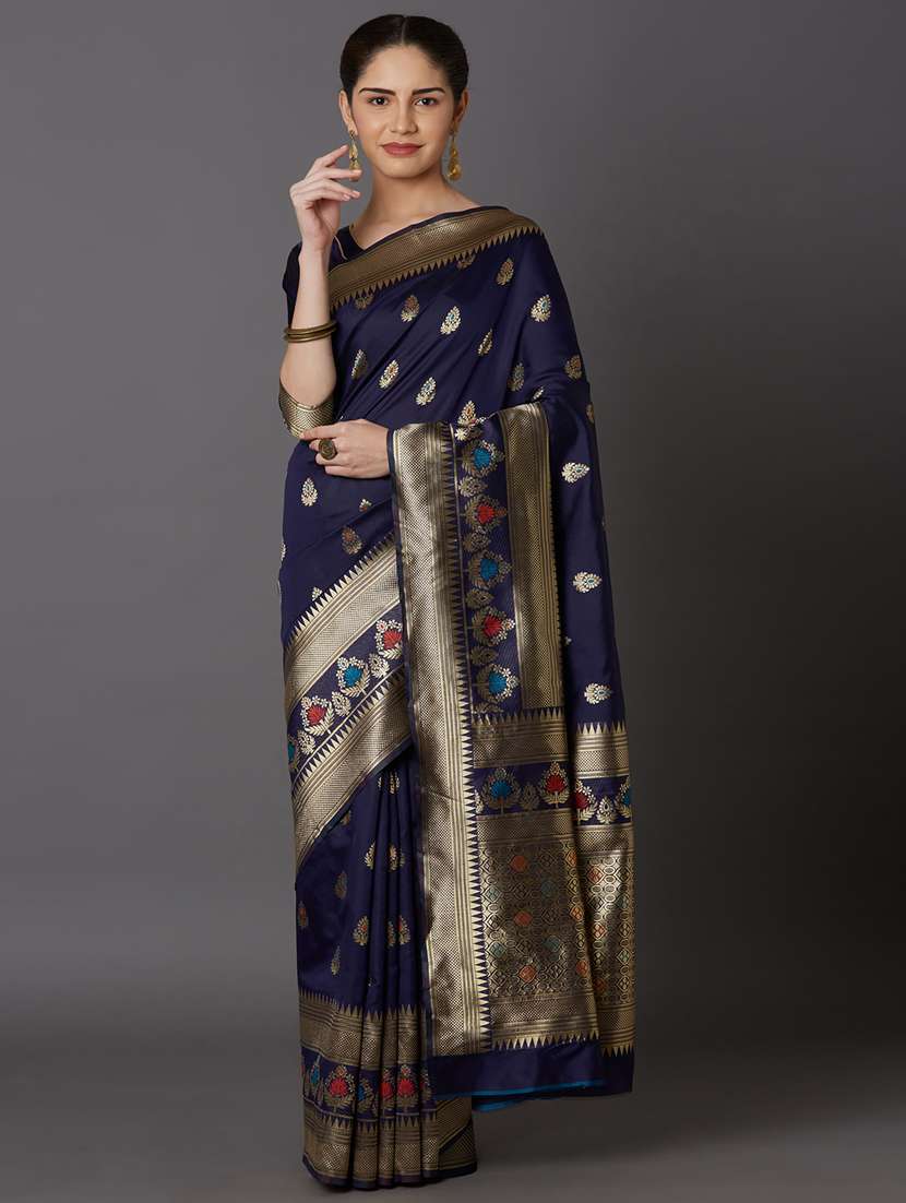 women's self design navy blue colored saree