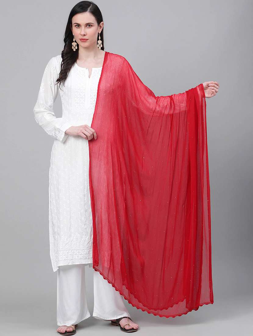 ada hand-embroidered red dupatta with mukaish work