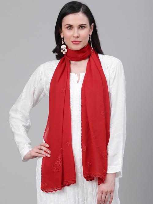 embroidered red chikankari lace detailed dupatta - 17518115 - Standard Image - 0