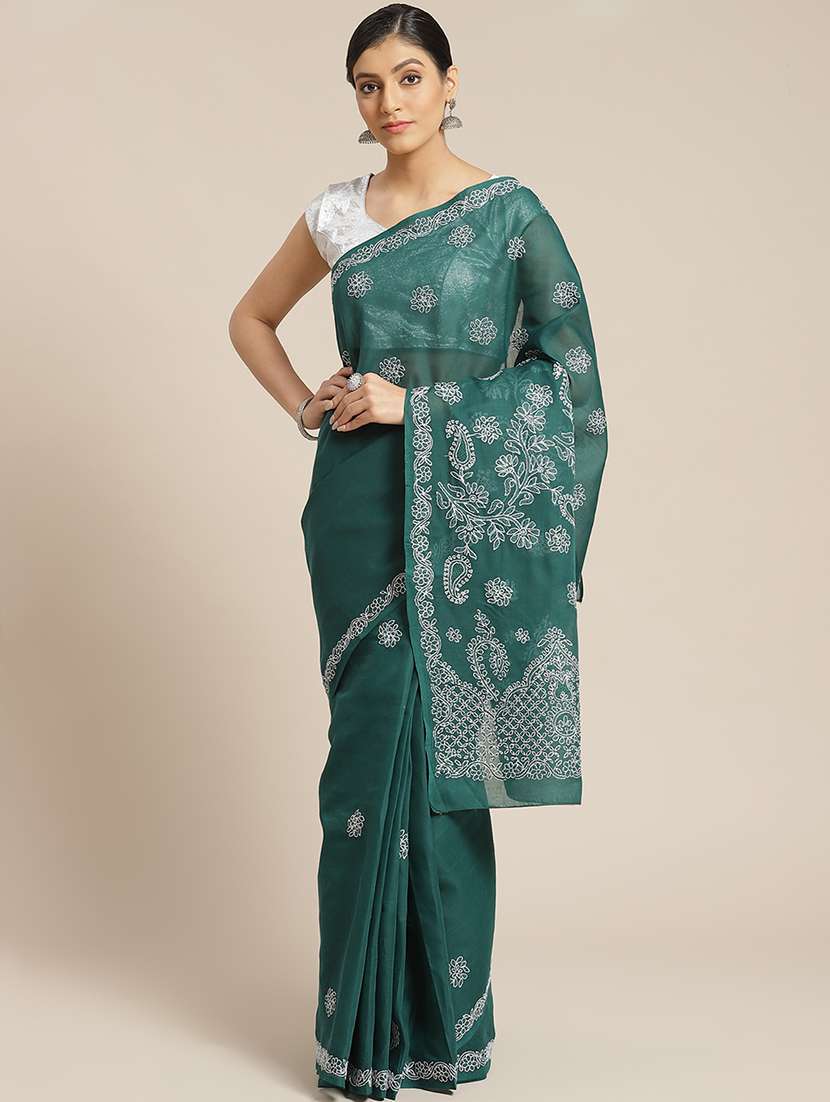 teal chikankari saree with blouse