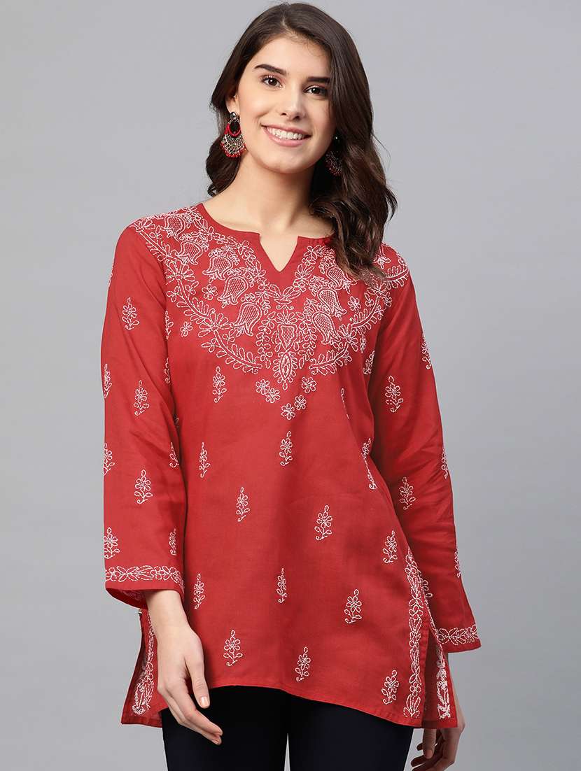 women notch neck chikankari kurti