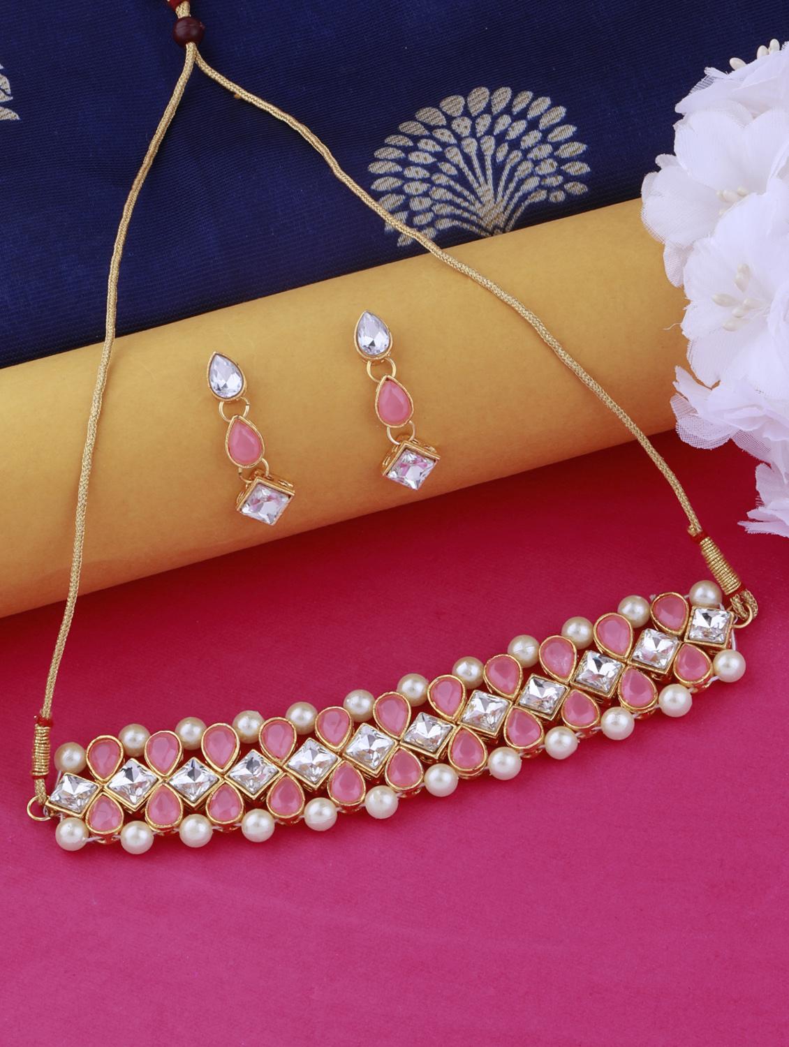 pink metal choker and earring
