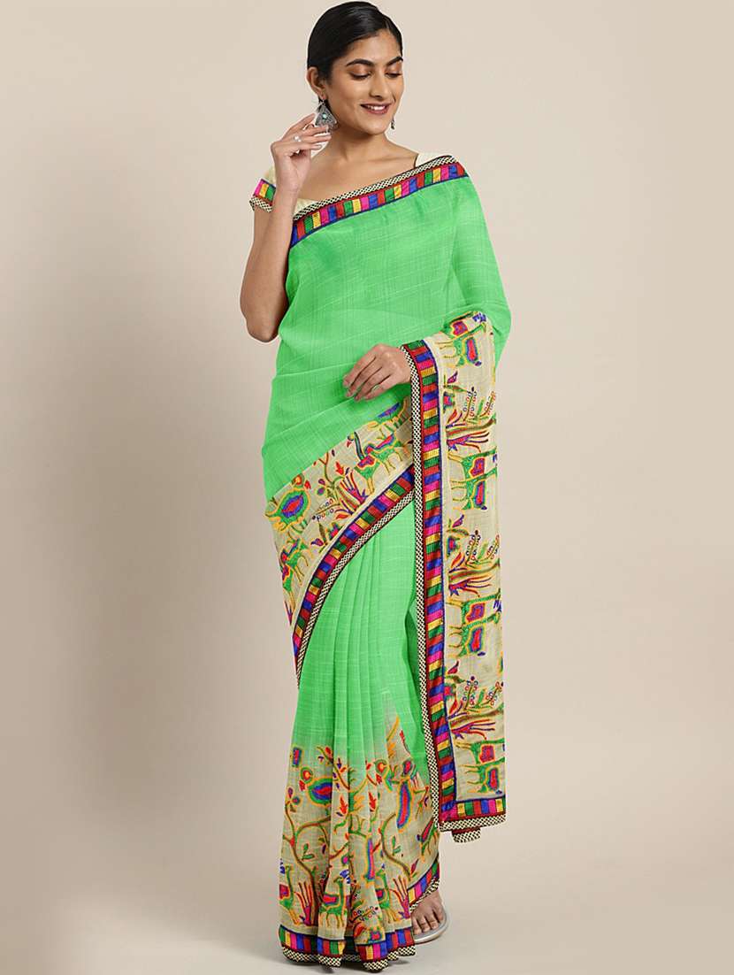 women's bordered green colored saree with blouse