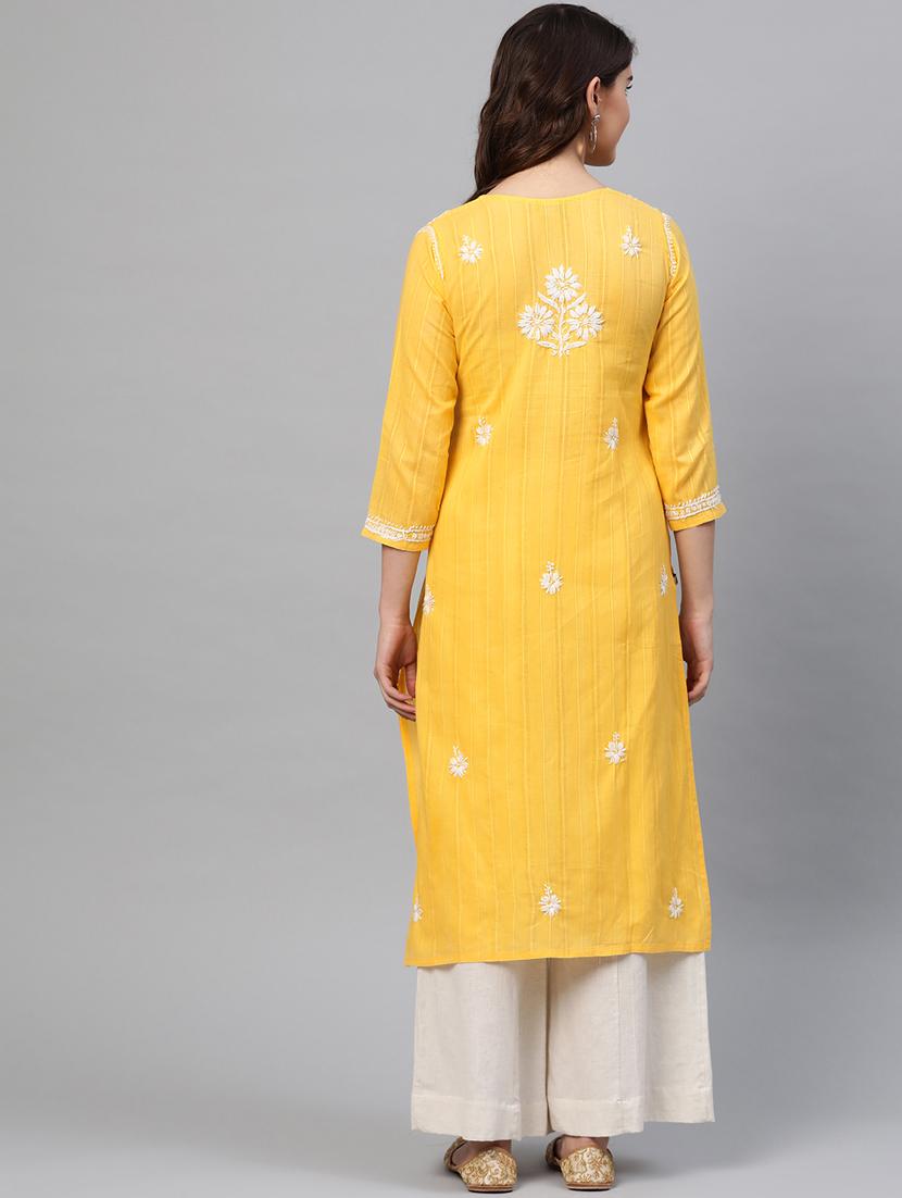 ada hand-embroidered yellow cotton straight kurta - 17529409 - Standard Image - 2