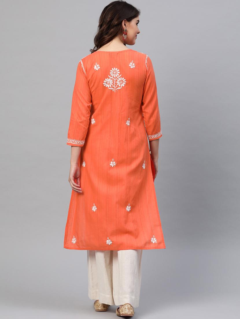 ada hand-embroidered coral orange cotton straight kurta - 17529410 - Standard Image - 2