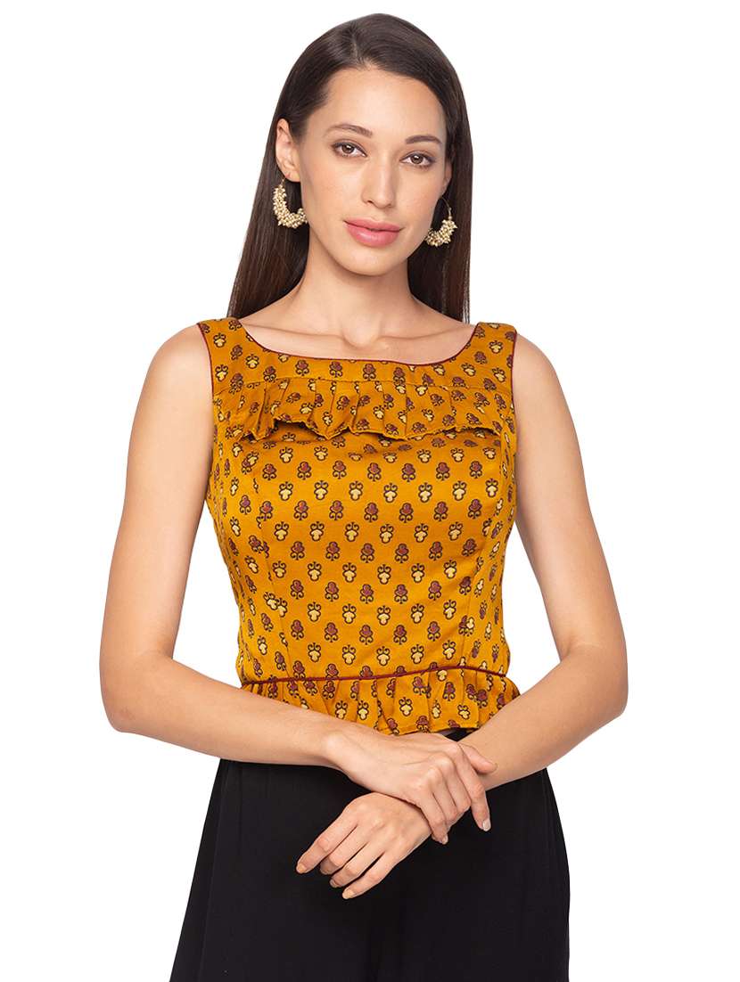 yellow silk printed blouse