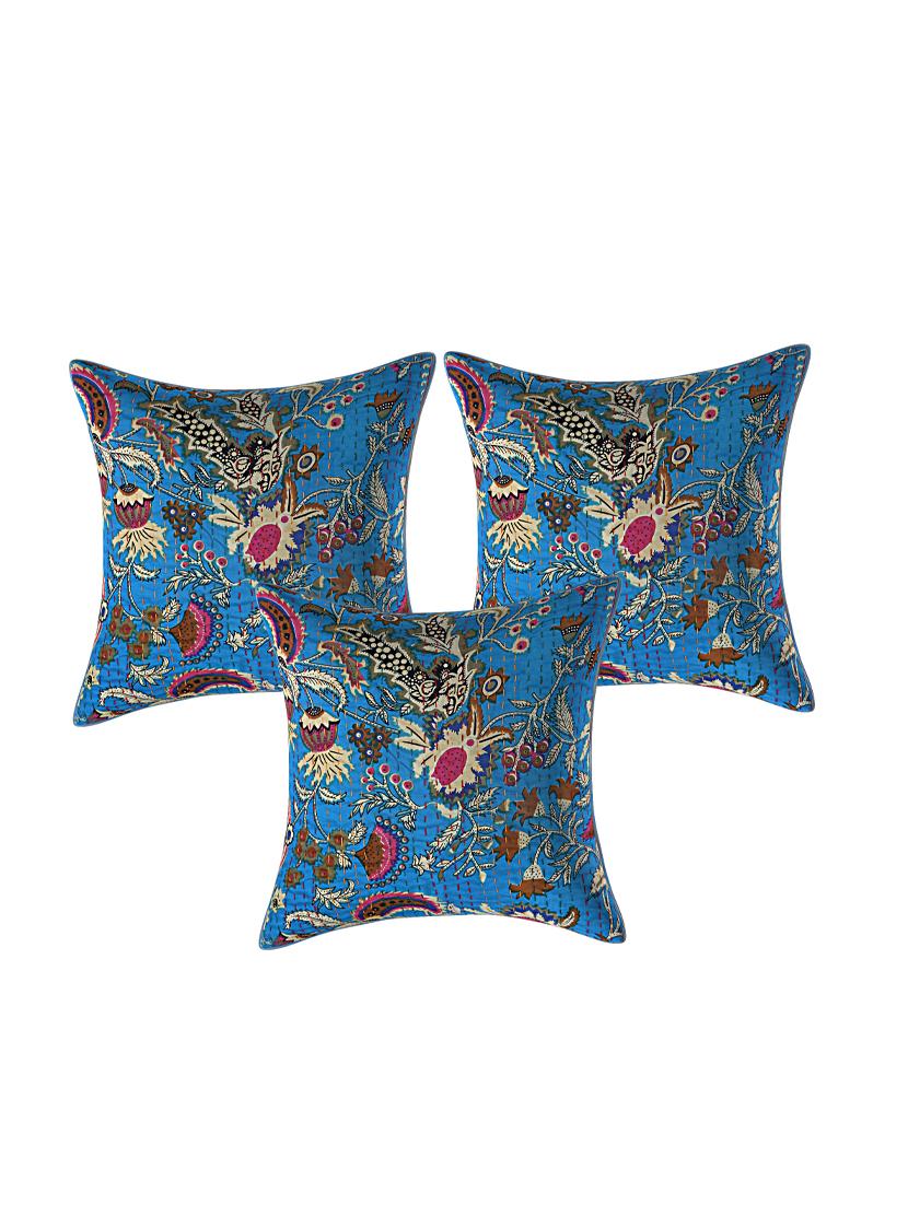 indhome life pure cotton 16x16 inches kantha work cushion cover set of 3