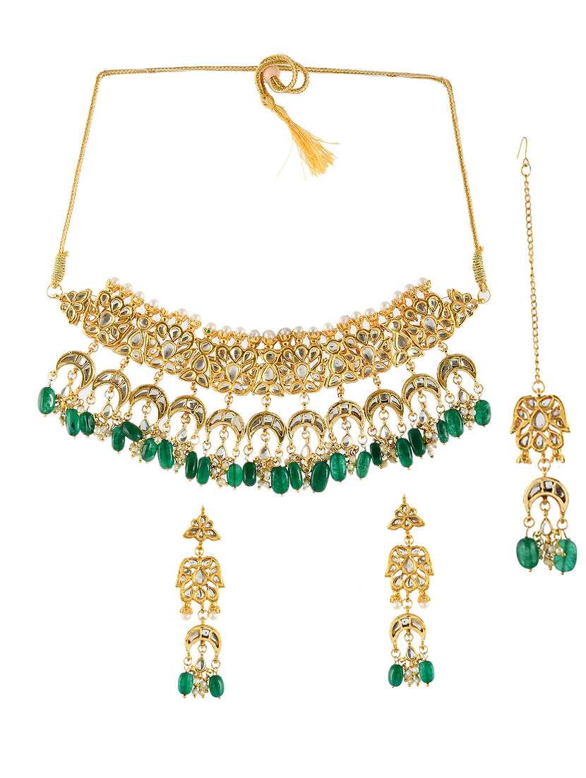 gold tone brass necklace with earring and maangtikka