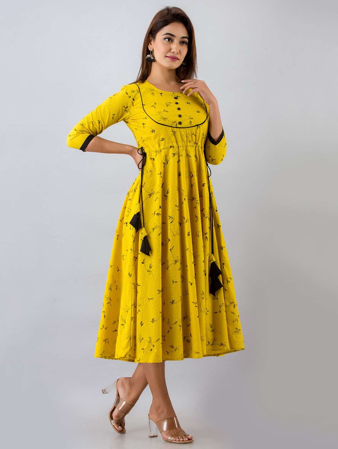 Yellow Printed Anarkali Ethnic Dress