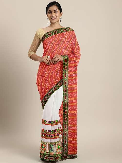 women's solid with work red colored saree with blouse - 17541393 -  Standard Image - 0