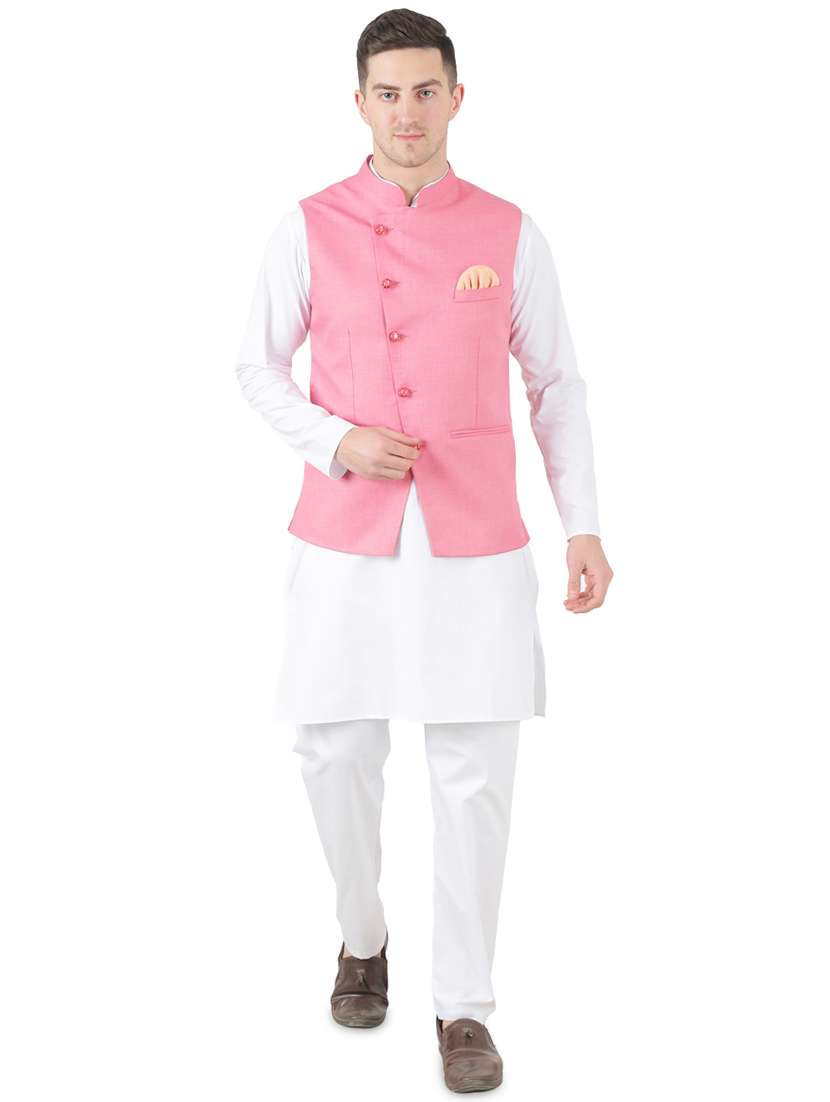 white solid kurta pyjama set with pink solid nehru jacket