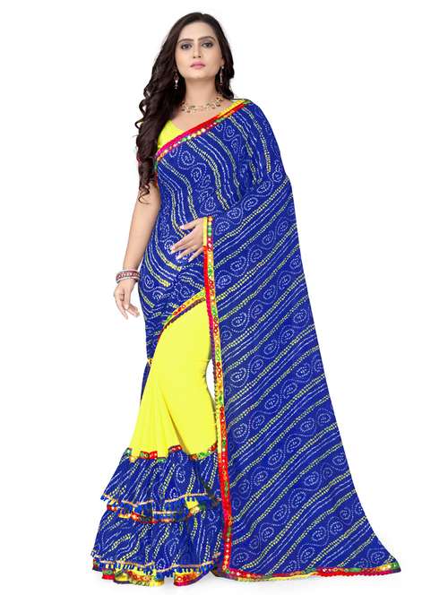 women's color block royal blue colored saree with blouse - 17547433 -  Standard Image - 0