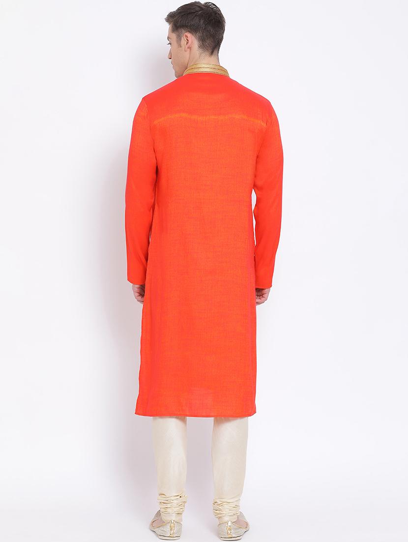 orange solid long kurta with embroidered neckline - 17547652 - Standard Image - 2